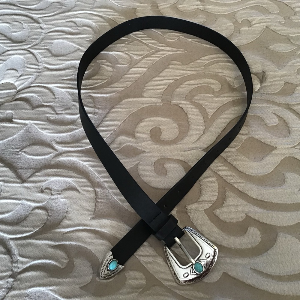 Black Leather Belt with Silver Buckle - Picture 3 of 6